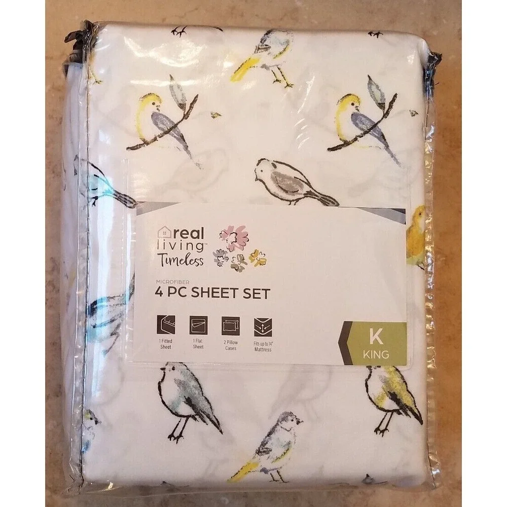 Real Living Timeless 4pc KING Sheet Set Microfiber White Yellow Blue Birds NEW
